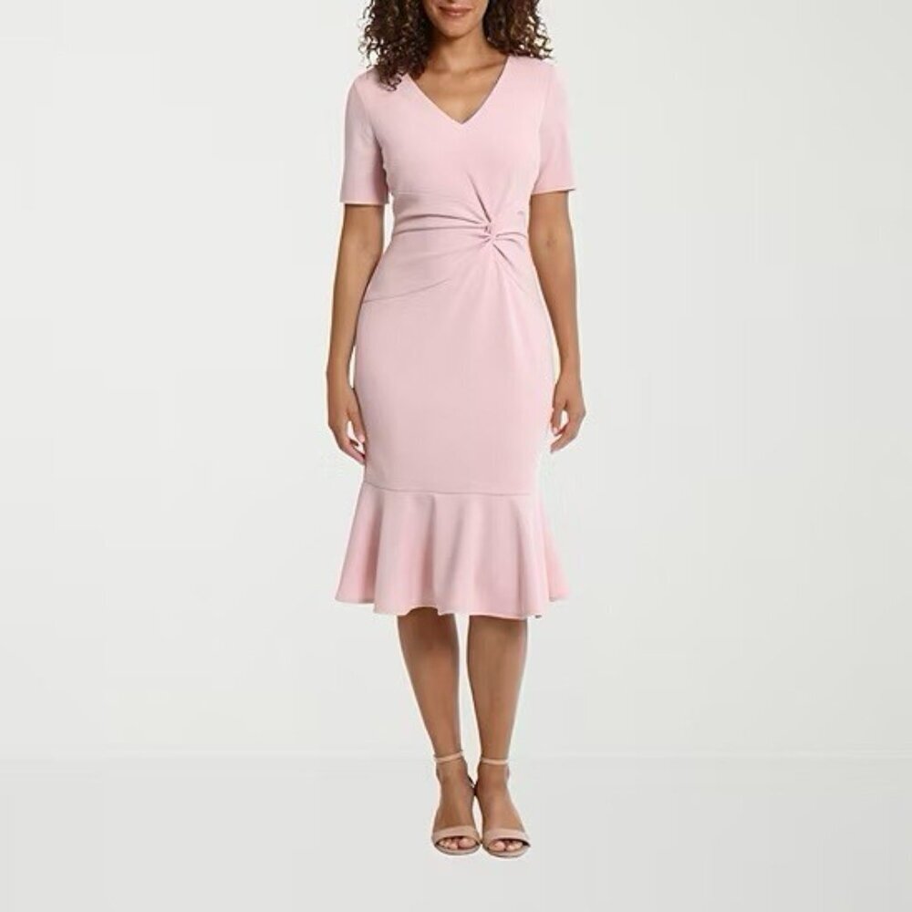 London Times Size 4 Petite Pink Short Sleeve Ruched Twist Flounce Ruffle Dress